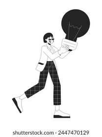 Excited businesswoman holding lightbulb black and white 2D line cartoon character. Showing idea korean young woman isolated vector outline person. Creativity monochromatic flat spot illustration