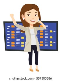An excited businesswoman talking on mobile phone on the background of display of stock market quotes. Happy stockbroker at stock exchange. Vector flat design illustration isolated on white background.