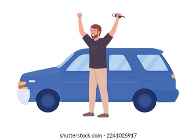 Excited car owner semi flat color vector character. Editable figure. Full body person on white. Man buy station wagon auto. Simple cartoon style illustration for web graphic design and animation