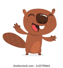 Excited cartoon beaver laughing. Brown beaver character. Vector illustration clip art