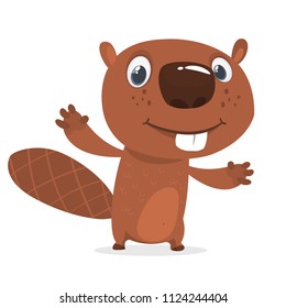 Excited cartoon beaver waving with his hands. Brown beaver mascot. Vector illustration