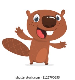 Excited cartoon beaver waving with his hands. Brown beaver mascot. Vector illustration