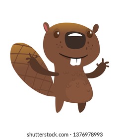 Excited cartoon beaver waving with his hands. Brown beaver mascot. Vector illustration