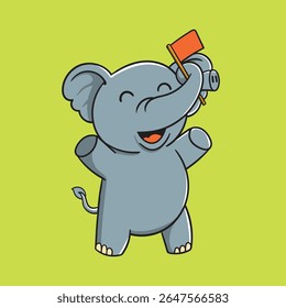 Excited Cartoon Elephant Holding Red Flag with Its Trunk