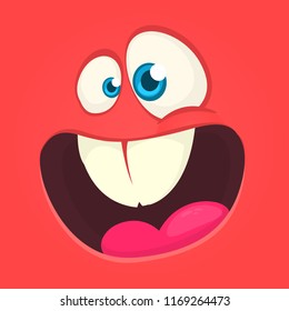 Excited cartoon monster face avatar. Vector Halloween red monster with big mouth