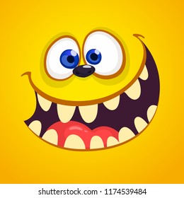 Excited cartoon monster face avatar. Vector Halloween orange monster with big mouth full of teeth. 