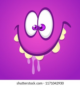 Excited cartoon monster face smiling. Vector Halloween red monster with big mouth and saliva