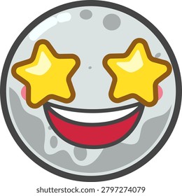 Excited cartoon moon mascot character with yellow star shaped eyes and a joyful open smile, isolated on white background. Bright gray full moon emoticon vector illustration for amazement, success, or midnight stardom vibe.