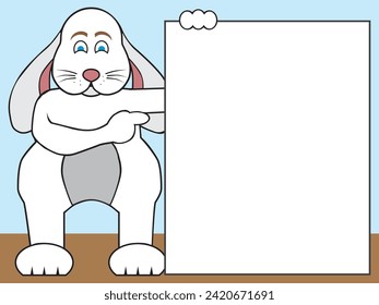 An excited cartoon rabbit is holding and pointing at a blank sign with room for copy