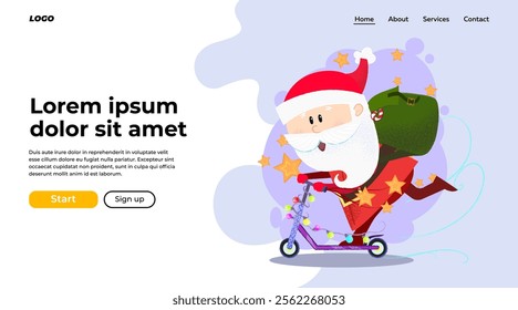 Excited cartoon Santa with bag of gifts riding scooter decorated with fairy lights. Gifts delivery concept. Vector illustration can be used for banner design or landing page