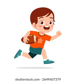 Excited Caucasian boy running with football
