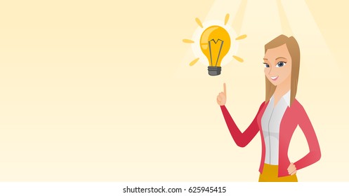 Excited caucasian business woman pointing finger up at bright idea light bulb. Business woman having a great idea. Concept of creative business idea. Vector flat design illustration. Horizontal layout