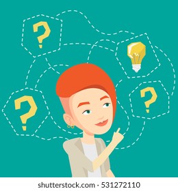 An excited caucasian business woman talking on mobile phone on the background of display of stock market quotes. Happy stockbroker at stock exchange. Vector flat design illustration. Square layout.
