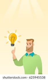 Excited caucasian businessman pointing finger up at bright idea light bulb. Happy businessman having a great idea. Concept of creative business idea. Vector flat design illustration. Vertical layout.