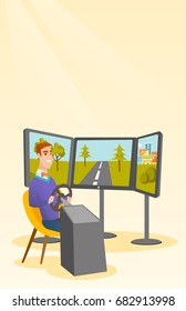 Excited caucasian man playing video game with gaming wheel. Happy smiling gamer driving autosimulator. Young cheerful man playing car racing video game. Vector cartoon illustration. Vertical layout.