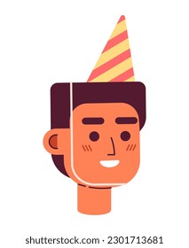 Un hombre caucásico emocionado con la cabeza de un personaje de vector semi-plana. Celebraciones. Icono de avatar de caricatura editable. Enfrentar la emoción. Ilustración de puntos coloridos para diseño gráfico web, animación