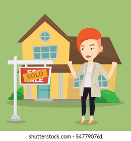 Excited caucasian real estate agent standing in front of sold real estate placard and house. Professional successful real estate agent sold a house. Vector flat design illustration. Square layout.