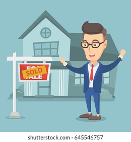 Excited Caucasian Real Estate Agent Standing In Front Of Sold Real Estate Placard And House. Full Length Of Happy Real Estate Agent Who Sold A House. Vector Flat Design Illustration. Square Layout.