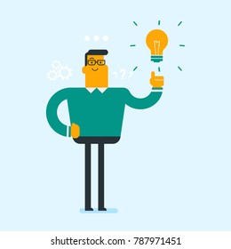 Excited caucasian white businessman pointing finger up at bright idea light bulb. Happy businessman having a great idea. Concept of creative business idea. Vector cartoon illustration. Square layout.