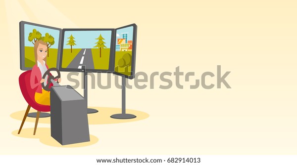 Excited caucasian woman playing video game with\
gaming wheel. Smiling woman driving autosimulator. Young cheerful\
woman playing car racing video game. Vector cartoon illustration.\
Horizontal layout.