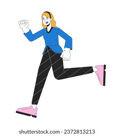 Excited caucasian woman running 2D linear cartoon character. European corporate employee hurrying isolated line vector person white background. Full body lady in rush color flat spot illustration