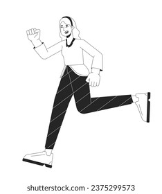 Excited caucasian woman running black and white 2D line cartoon character. European corporate employee hurrying isolated vector outline person. Lady in rush monochromatic flat spot illustration