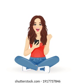 Excited celebrating young beautiful woman using mobile phone sitting with crossed legs isolated vector illustration