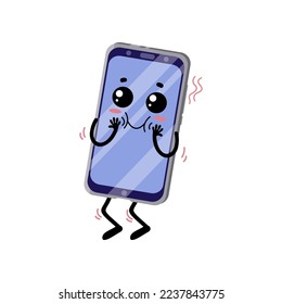 Ilustración vectorial del personaje de la caricatura de celulares emocionada. Personaje de Smartphone, teléfono móvil cómico con fondo blanco. Tecnología, comunicación, concepto de emociones