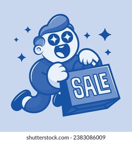 Excited Character Holding Shopping Bag with SALE Text: Monochromatic Promotion and Discount Illustration