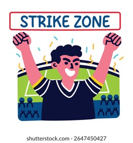 Personagem animado com tipografia de zona de ataque, adesivo plano