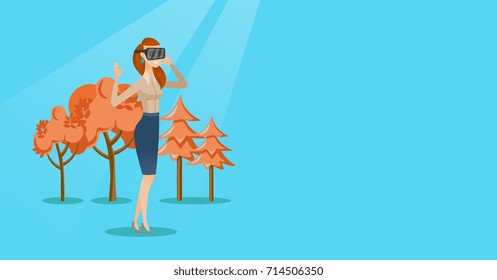 Excited cheerful caucasian gamer wearing virtual reality headset in the park. Young woman using virtual reality glasses and playing videogame in park. Vector cartoon illustration. Horizontal layout.