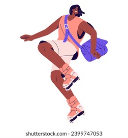Excited, cheerful people rollerblading. Happy skater with bag running, rushing. Young man rides on roller skate. Summer activity, active leisure. Flat isolated vector illustration on white background