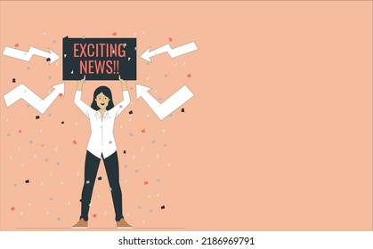 Excited cheerful young woman using standing with Exciting News Poster, getting good news, feeling joy, dancing with hands, singing, laughing, making winner gesture, happy to win prize