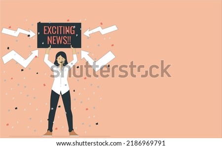 Excited cheerful young woman using standing with Exciting News Poster, getting good news, feeling joy, dancing with hands, singing, laughing, making winner gesture, happy to win prize