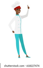 Excited chef cook in uniform pointing with her finger. Full length of chef cook pointing her finger up. Chef cook with finger pointing up. Vector flat design illustration isolated on white background.