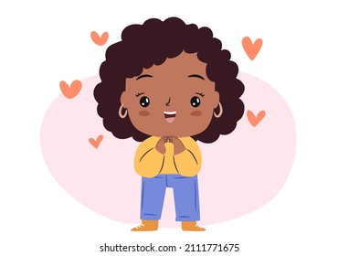 Excited chibi girl. Cute cartoon woman in love with something, front view.