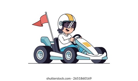 Criança animada desfruta de uma emocionante corrida de kart ganhando um campeonato