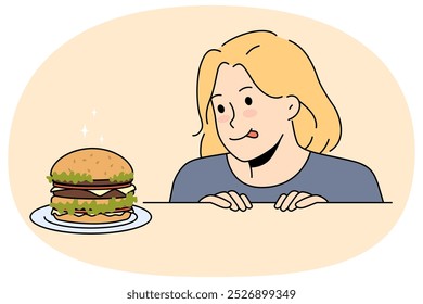 Excited child looking at delicious hamburger on table. Happy girl kid ready to eat tasty burger. Food and nutrition. Vector illustration.