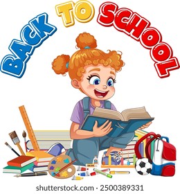 Excited child reading surrounded by school supplies