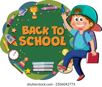 Excited child with school supplies and books