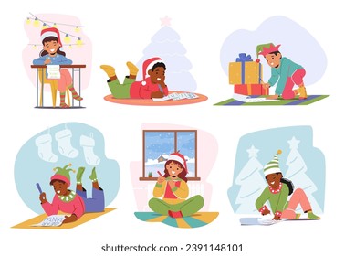 Excited Children, Boys and Girls Character With Bright Smiles, Eagerly Write Heartfelt Letters To Santa Claus, Their Wishes And Dreams Taking Shape On Paper. Cartoon People Vector Illustration