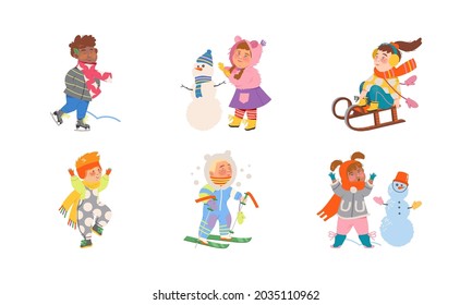 Excited Children Building Snowman, Sleighing and Ski Running Vector Set