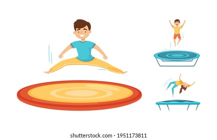 Excited Children Jumping on Trampoline Bouncing and Having Fun Vector Set