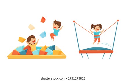 Excited Children Jumping on Trampoline Bouncing and Playing with Soft Cubes Vector Set