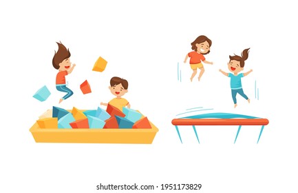 Excited Children Jumping on Trampoline Bouncing and Playing with Soft Cubes Vector Set