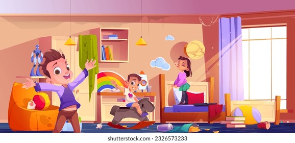 Excited children playing in messy room. Vector cartoon illustration of active little boys and girl running, riding rocking horse, jumping on bed. Litter and food leftovers on floor, cobweb on ceiling