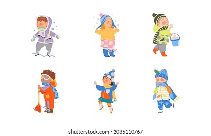 Excited Children Playing Snowball Fight and Walking Outdoor Vector Set