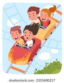 Excited children riding roller coaster having fun. Happy, scared boys, girls kids people enjoying riding rollercoaster in amusement park. Fast speed excitement, enjoyment flat vector illustration