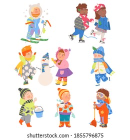 Excited Children Ski Running, Building Snowman and Playing Snowballs Vector Set