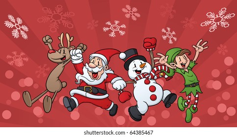 Excited Christmas characters. All in separate layers, so can be used separately. Background on a separate layer. Vector illustration with simple gradients.